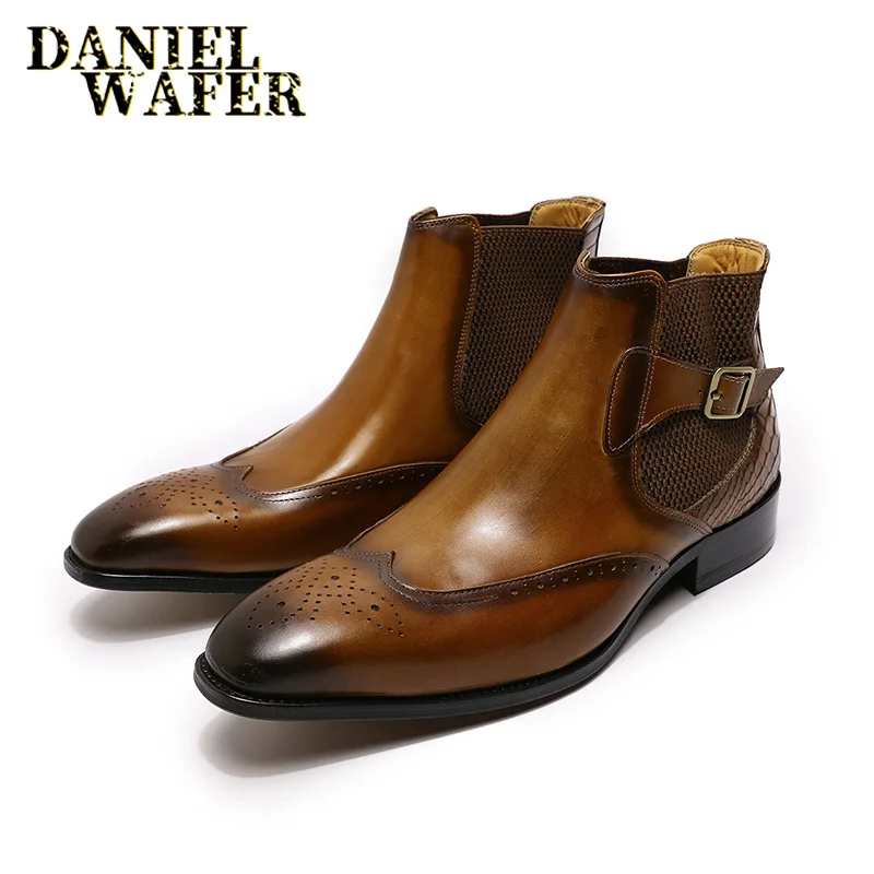 Luxury Chelsea Boots Genuine Leather Men\'s Ankle Boots High Grade Slip On Buckle Strap Wingtip Brown Black Shoes Basic Boots Men