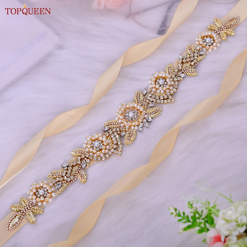 TOPQUEEN S70-G Ladies Bridal Dress Belts Luxury Pearl Gold Rhinestones Flower Shape Female Dresses Party Wedding Accessories