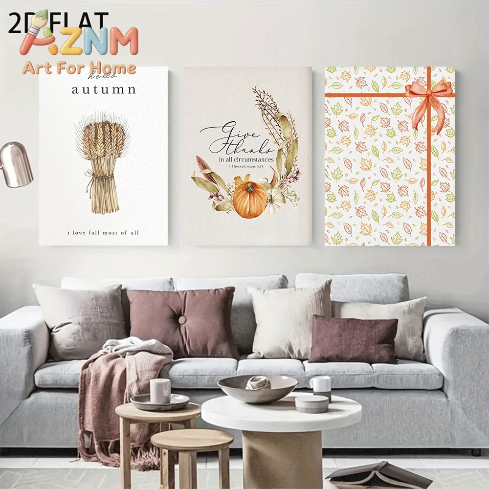 AZNM Frameless Canvas Wall Art, Hello Autumn Quote Print, Wheat Pumpkin Wreath Fall Leaf Bow Art Poster for Thanksgiving Farmhou