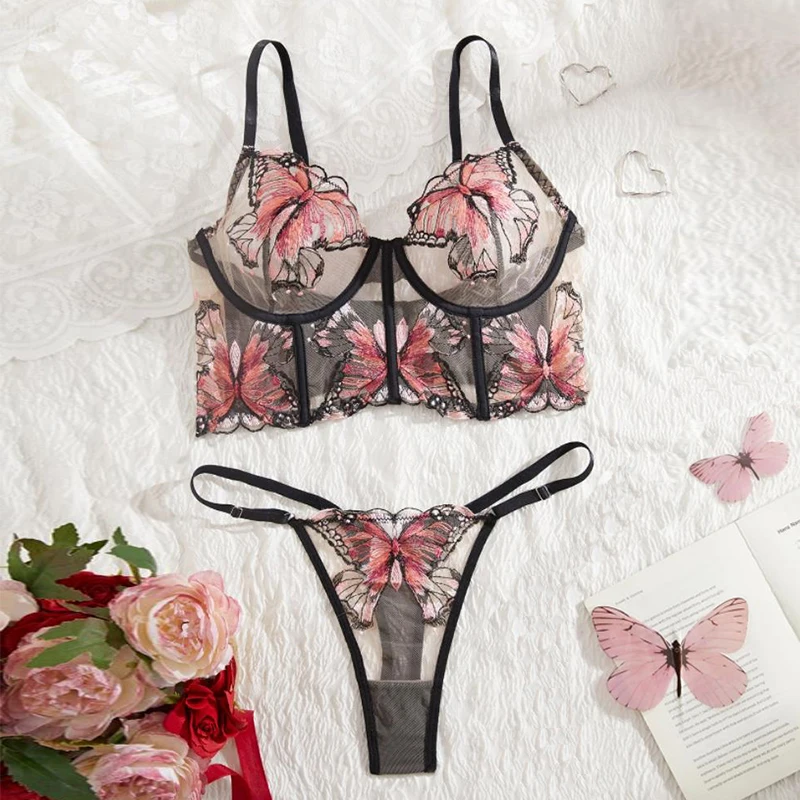 

Sexy Lingerie Beautiful Butterfly Embroided Lingerie Set Transparent Mesh Female Underwear Fancy Erotic Lingerie Fairy Bra Sets