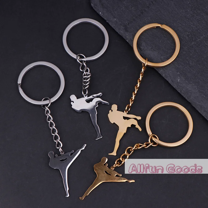 [TG835]Taekwondo High Kick Keychains For Men Titanium Steel Sports Charm Karate Jiu Jitsu Keyring Jewelry Male Boys Gym Gifts