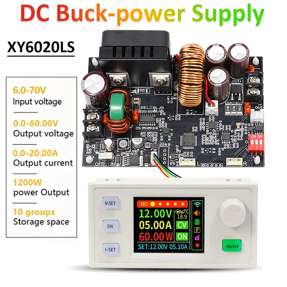 

XY6020LS DC6-70V Регулируемый цветной экран Понижающий стабилизированный источник питания 20A 1200 Вт Понижающий преобразователь постоянного напряжения и тока с ЧПУ