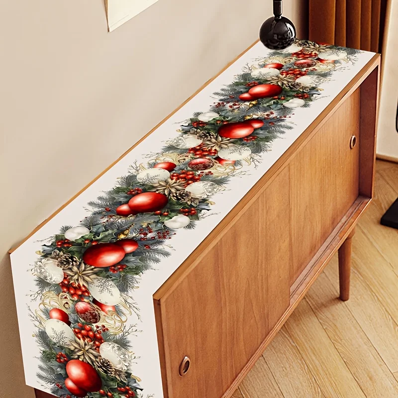 Christmas Wreath Table Runner Pine Holly Berry Bauble Pinecone Print for Dining Table Xmas Holiday Home Decor
