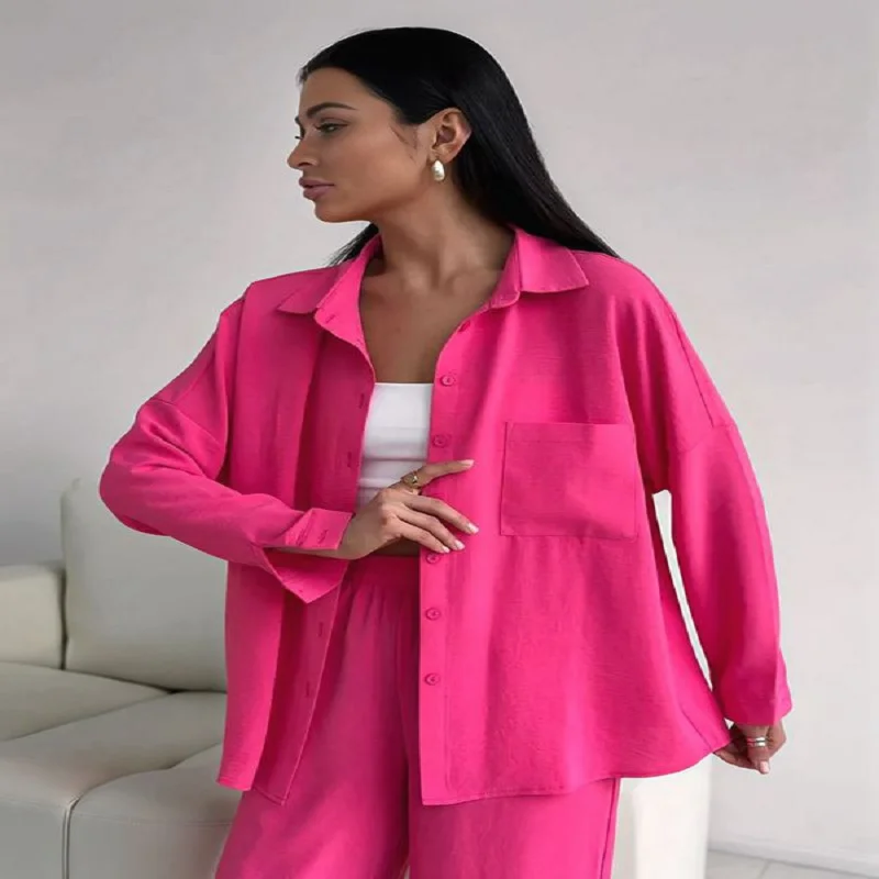

Solid Color Casual Women Trousers Set Long-Sleeved Single-Breasted Shirts And High-Waisted Trousers Two-Piece Set Autumn Set