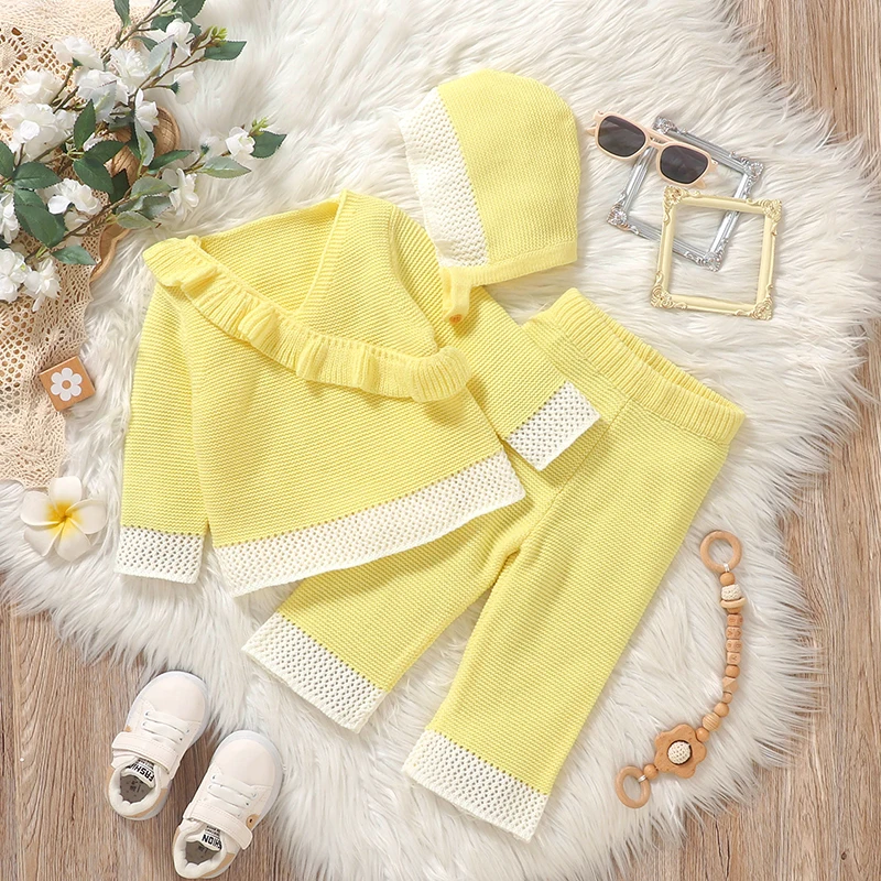 Autumn Baby Clothes Set Knit Newborn Girl Sweater Long Sleeve +Pants +Hat 3pc Warm Kid Pullover +Trousers +Bonnet Fashion Ruffle