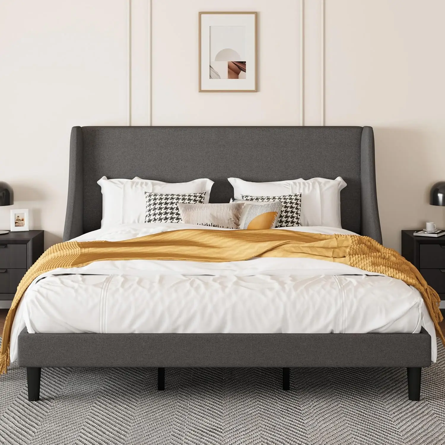 King Upholstered Bed Frame with Wingback Headboard, Dark Grey | Breathable Linen Fabric, Solid Wooden Slats, Easy, Customized