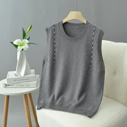 Women's Sleeveless Round Neck Beaded Knitted Sweater, Plus Size Jumpers, Autumn Pullover, 2260