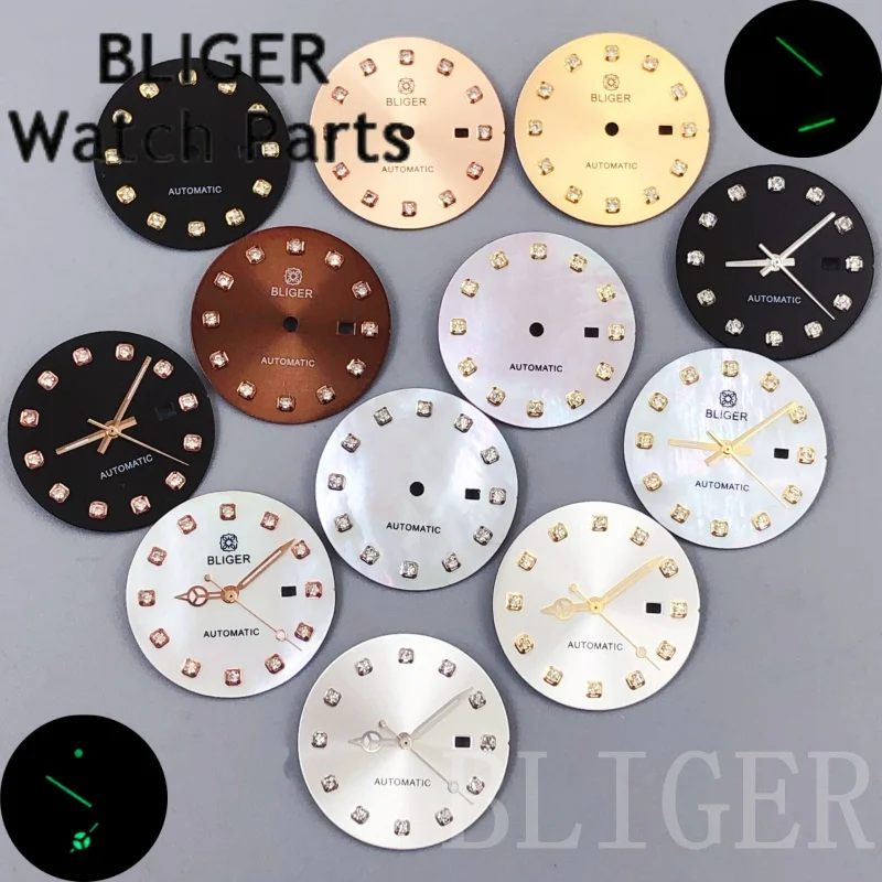 BLIGER 24.5mm Shell/Matte/Sunburst Watch Dial Hands Set Silver Gold Rose Diamond Index Fit NH05 NH06 Lady's Watch Accessories