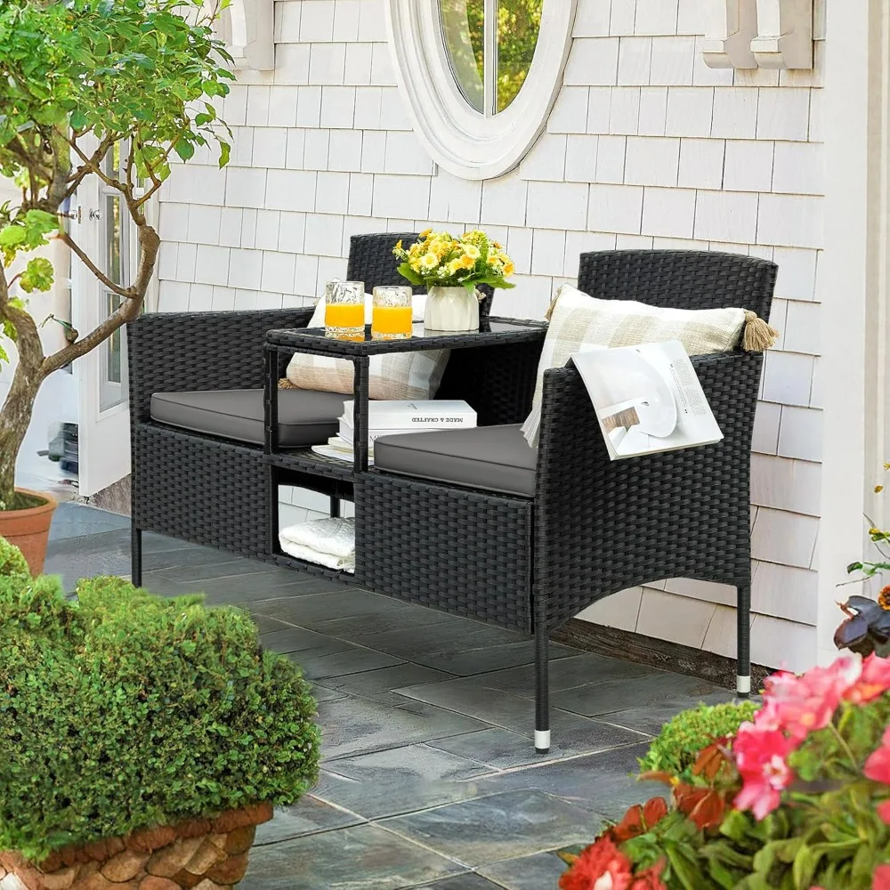 Flamaker Outdoor Furniture Patio Loveseat Wicker 2-Seat with Built-in Table and Cushions Rattan Porch Chairs Bench for Balcony,