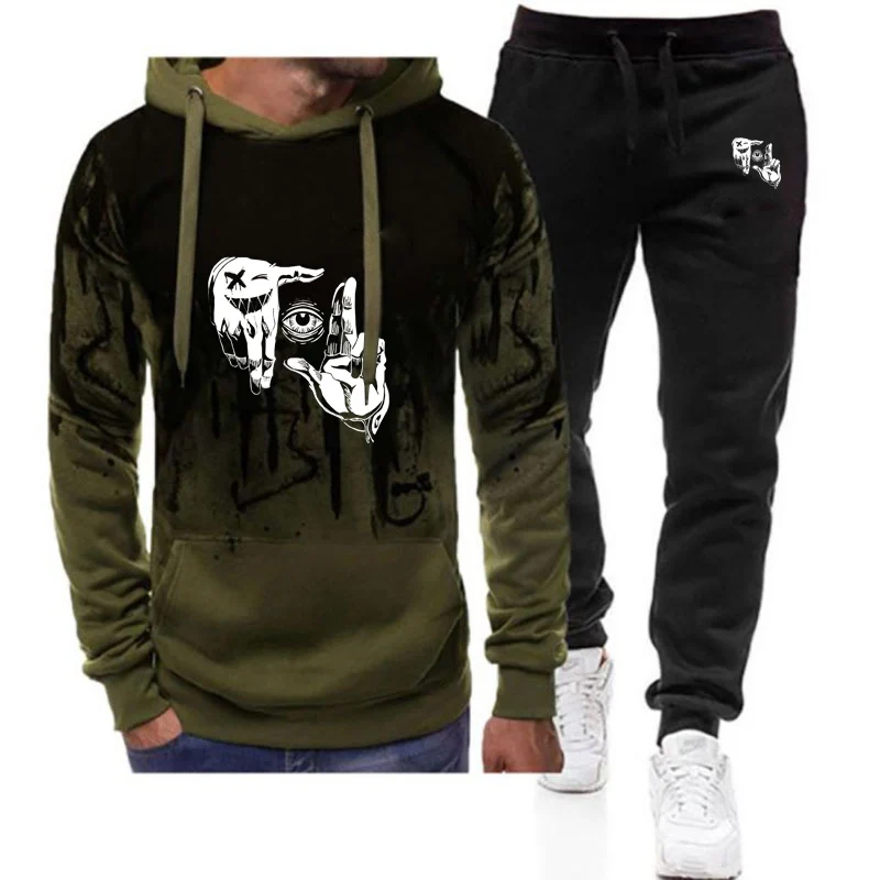 

Новый мужской спортивный костюм Harajuku с градиентом цвета и принтом глаз, капюшон + брюки, повседневный удобный спортивный костюм из двух предметов