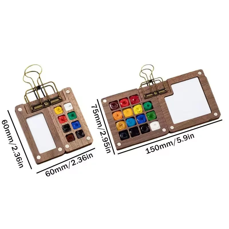8/15 Grid Wooden Palette Box - Portable Mini Watercolor Case for Travel & Sketching, Walnut Color Paint Mixing Board
