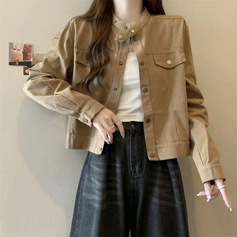 

plus Size Women's Long Sleeve Stand Collar Brown Jacket Short Style Vintage Loose Fit Trendy Autumn New Arrival Outerwear