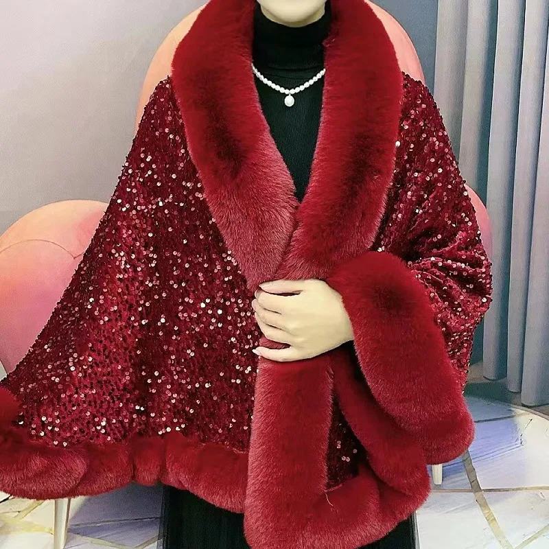 2024 Autumn Winter Thickened Warm High-grade Fleece Sequin Collar Fringe Shawl Coat Aristocratic Elegance Versatile Loose Cape