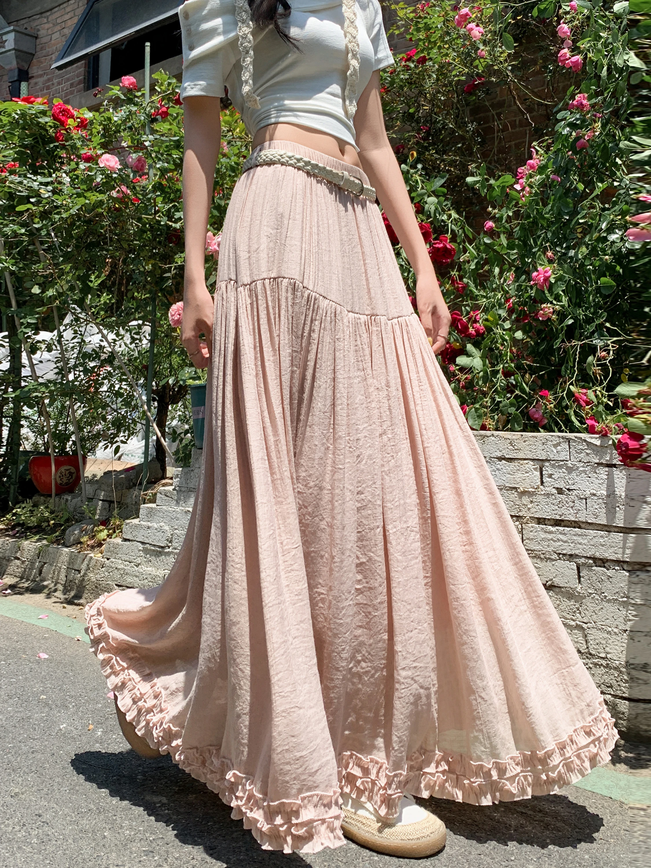

Summer High Waist A-Line Skirt Cotton Linen Material Sporty Thin Hanging Sense Casual Style Half-length Skirt Elegant Design