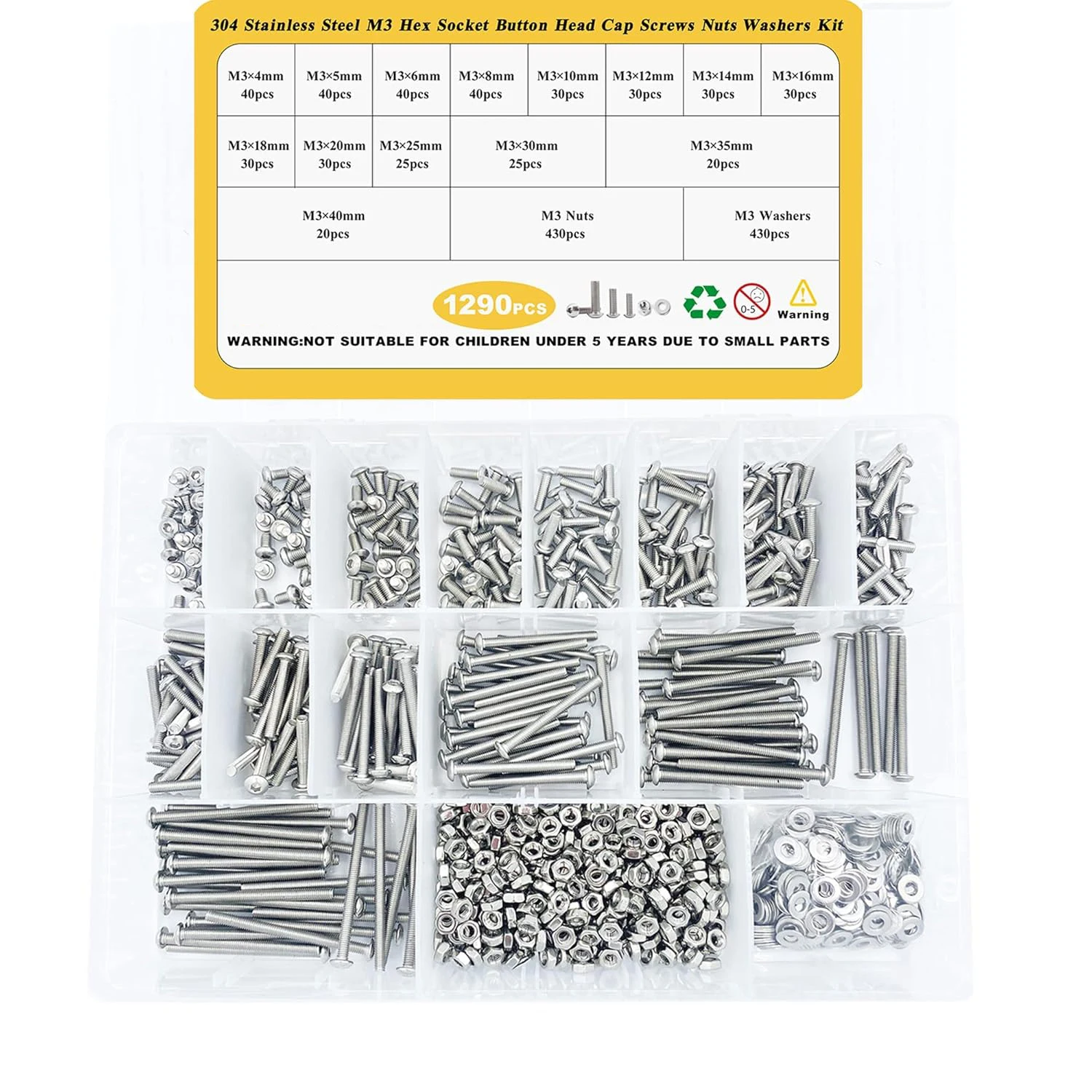 

1290 pieces of M3 metric screws classified, 4mm - 40mm commonly used 304 stainless steel button-head hexagonal socket cap screws