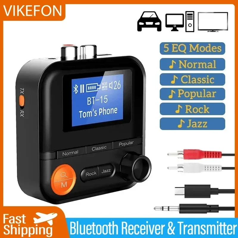 VIKEFON Wireless Bluetooth Transmitter Receiver 5 EQ Modes Audio Adapter 3.5MM AUX RCA TF With HD Display For PC TV Car Speakers