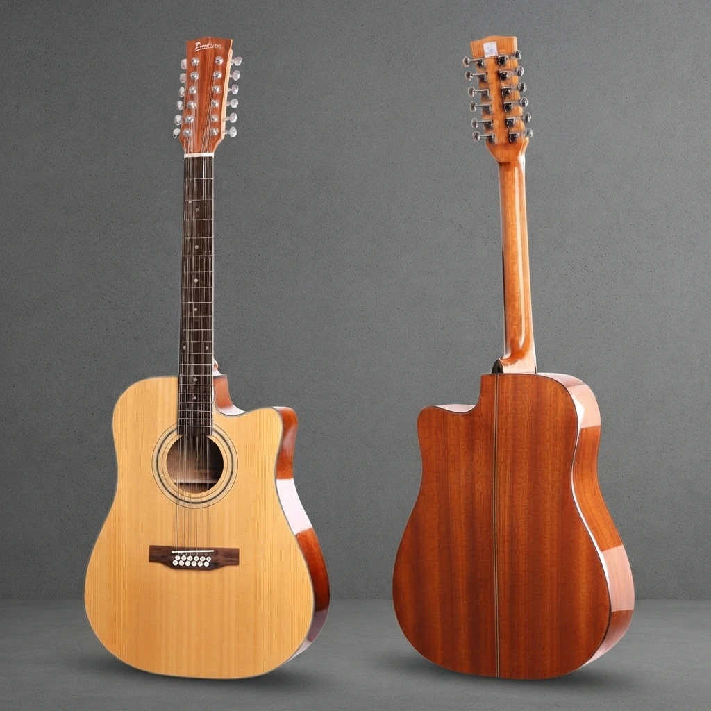 12-String Cutaway Guitar, Acoustic Folk Style, Natural Gloss Finish, Chrome Tuners, Dot Inlay, White Binding for Practice