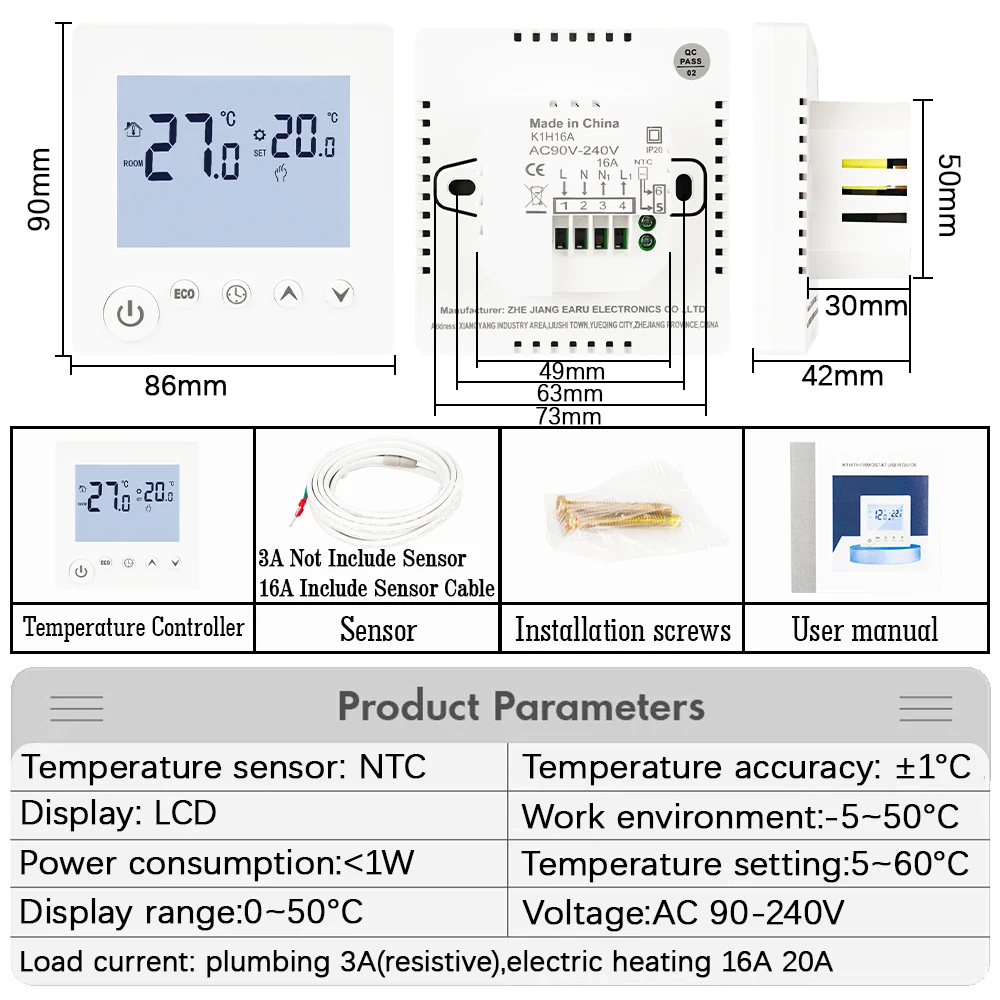 AC90V-240V 3A 16A Water Electric Floor Heating TRV House Room Thermostat Temperature Controller Digital LCD Display Wall Mounted