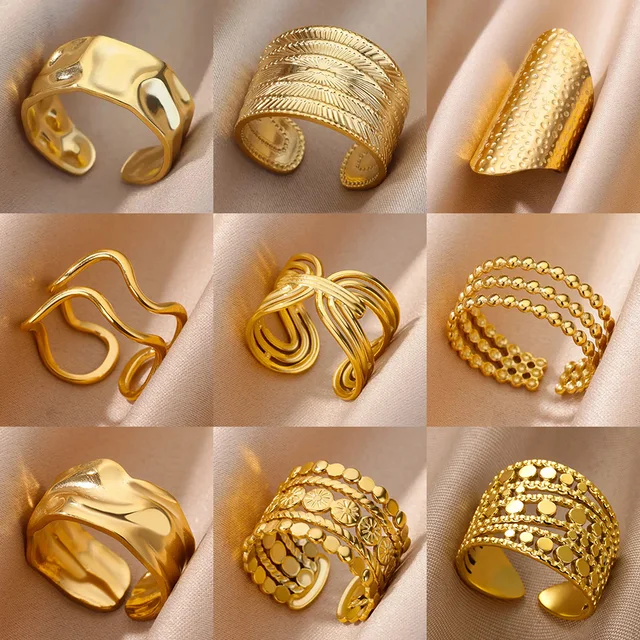 Szerokie pierścionki ze stali nierdzewnej dla kobiet Vintage złoty kolor geometryczny otwarty palec serdeczny moda minimalistyczna biżuteria na prezent Femme