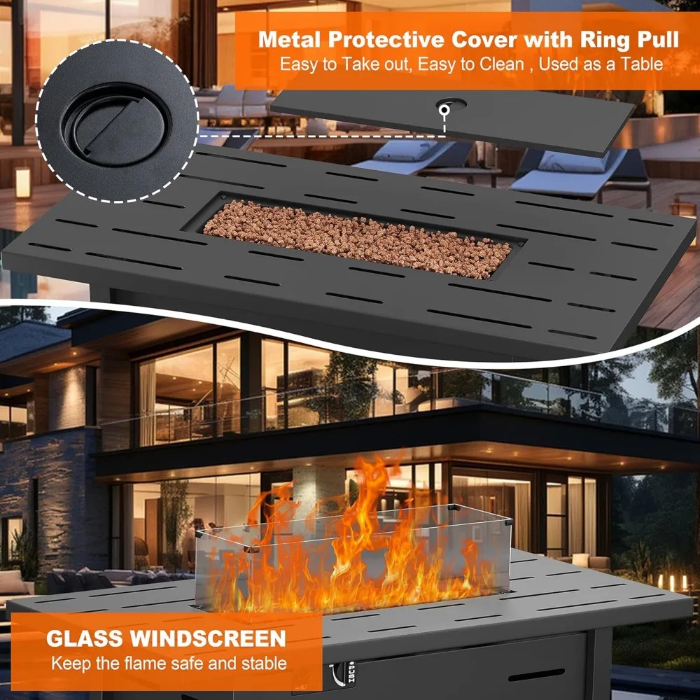 43 inch Outdoor Propane Fire Pit 50,000 BTU Gas Fire Pit Table with Lid,Waterproof Cover, Rectangle Gas Firepit Table for Garden
