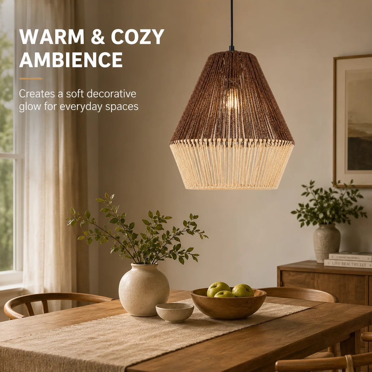 JOYINLED E26 E27 Hand-Woven Rope Pendant Light, 2-Tone Woven Shade Boho Hanging Lamp Farmhouse Ceiling Fixture for Indoor Decor