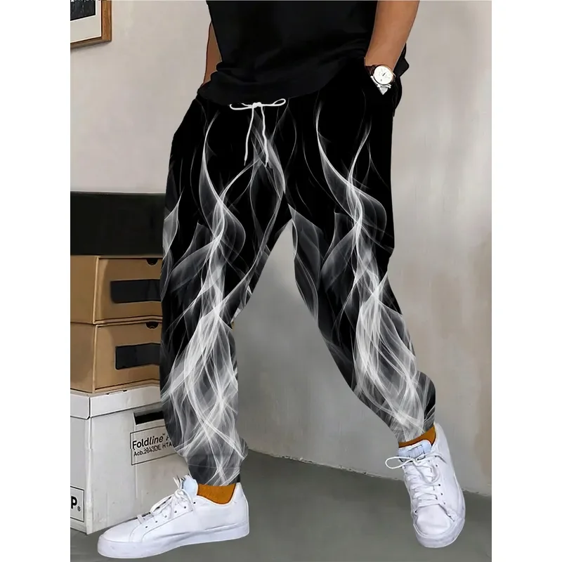 Men Black White Flame Print Sweatpants Casual Sports Leggings Streetwear Versatile Trousers 2026 Fashion Trendy Personalized