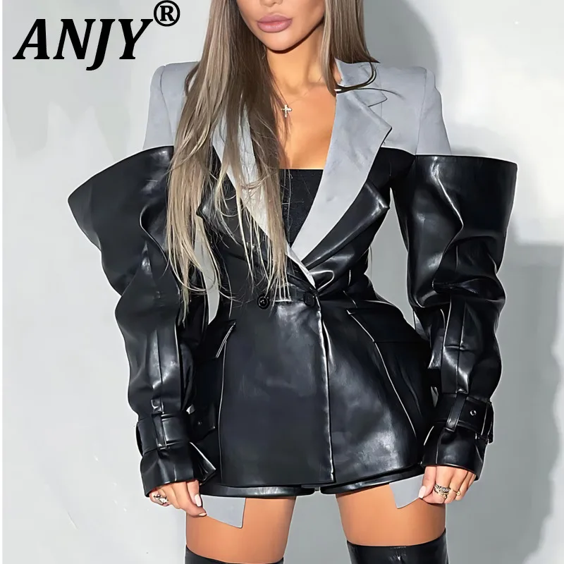 ANJY 2026 Spring Autumn New Women American Trend Niche Design PU Leather Patchwork Blazer Chic Ins Streetwear Jacket Coat A18913