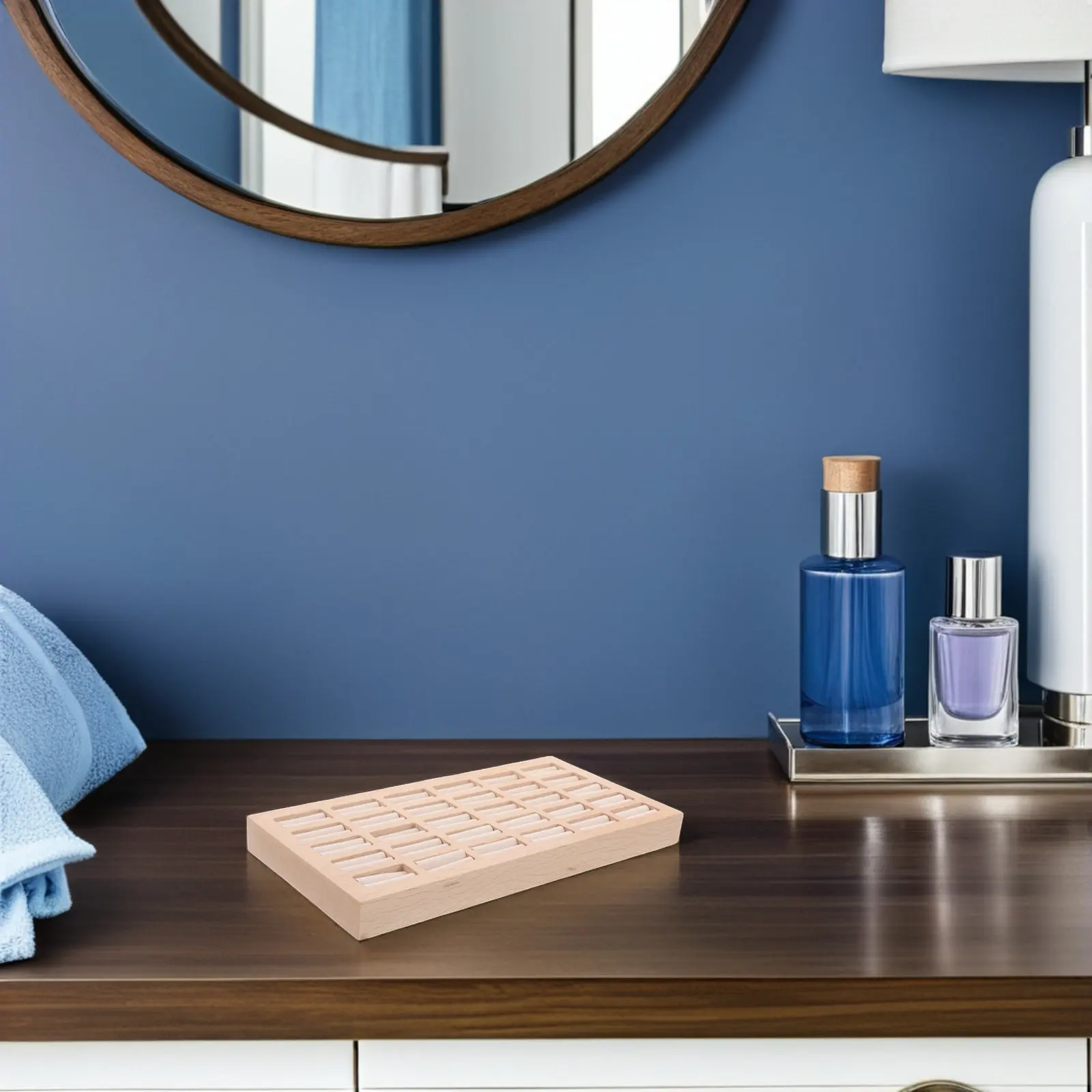 

30-Slot Wooden Jewelry Display Tray Natural Wood Ring Organizer Linen Lining Elegant Home Decor Vanity Showcase Storage