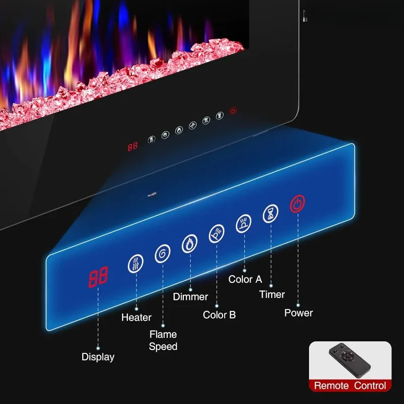 Recessed and Wall Mounted Electric Fireplace,Low Noise,Remote Control with Timer,Touch Screen,Adjustable Flame Color and Speed