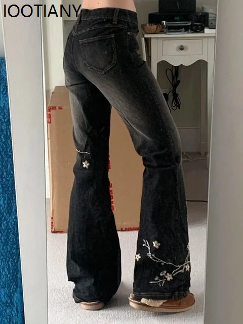 Fashion Floral Embroidered Jeans Vintage 2000s Low Rise Flared Jeans Womens Vintage Y2k Baggy Jeans High Street Basic Trousers