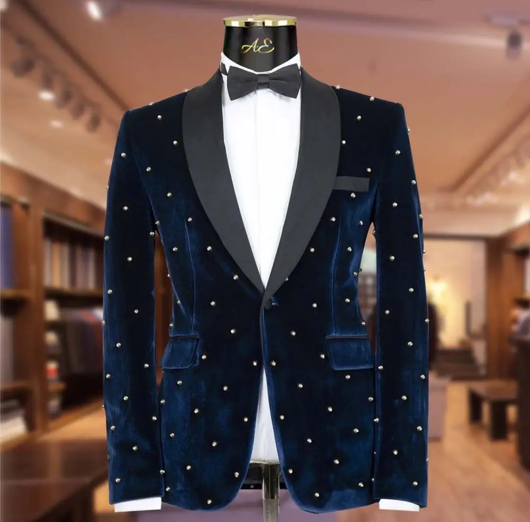 

Navy Velvet Blazer Men Suits Black Pants Appliques One Button Satin Wide Lapel Pearls Formal Wedding Host Plus Size Custom Made