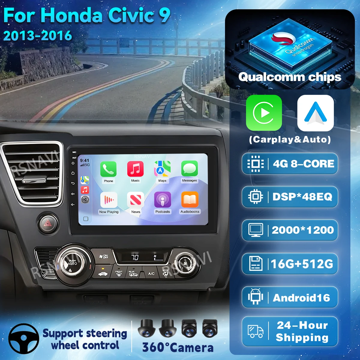 Android 16 Multimedia Player For Honda Civic 9 9th US Sender Coupe Car Radio 2k Screen Navigation GPS Carplay Stereo Head Unit