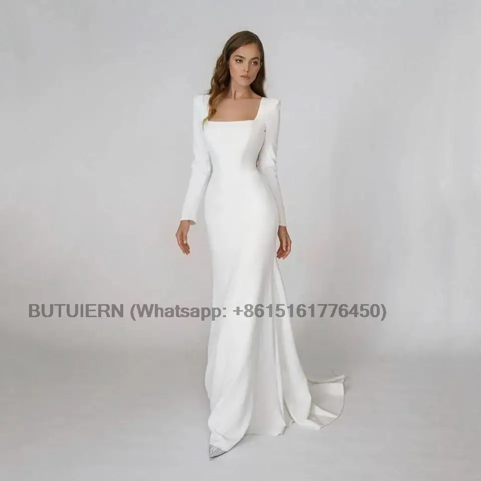 

Casual Mermaid Wedding Dress for Women 2023 Bride Square Neck Backless Long Sleeve Crepe Simple Bridal Gowns Robe de Mariee