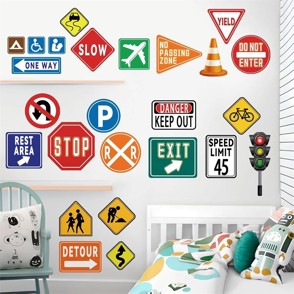 25 Sheets Transportation Signs Wall Stickers Peel And PVC Stop Street Decals For Children Room School Nursery Decoration