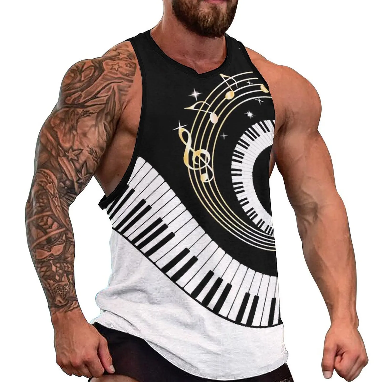 Piano Music Keyboard Tank Top Men Black And White Trendy Tops Summer Workout Graphic Sleeveless Shirts Big Size