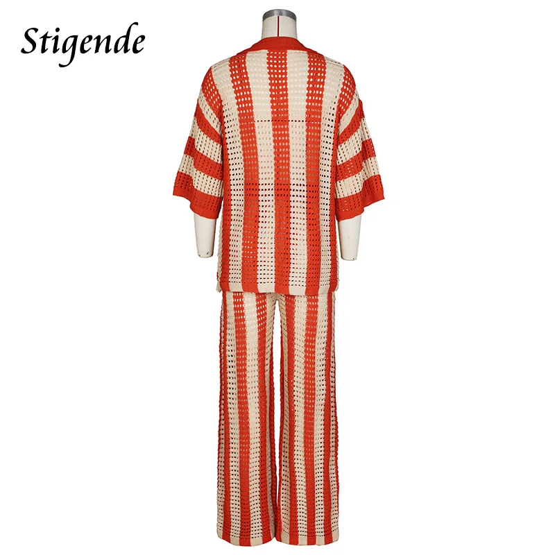 Stigende Knitted Striped Two Piece Outfits Women Casual Loose Wide Leg Pants Set Vacation Clothes