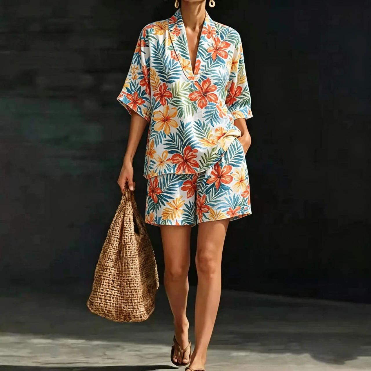 

Fashion Summer Beach Flower Print Set Women V Neck Short Sleeve Top Shorts Casual Vacation Versatile Two-Piece Outfit