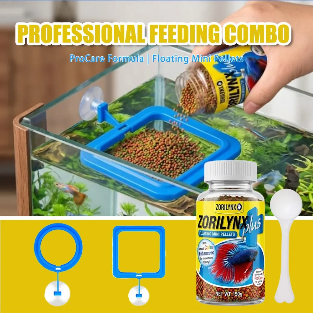 Alimento para Peces Betta, Mini Pellets Flotantes con Anillo de Alimentación para Acuario, Potenciador del Color, Kit de Alimento para Peces Tropicales ZORILYNX