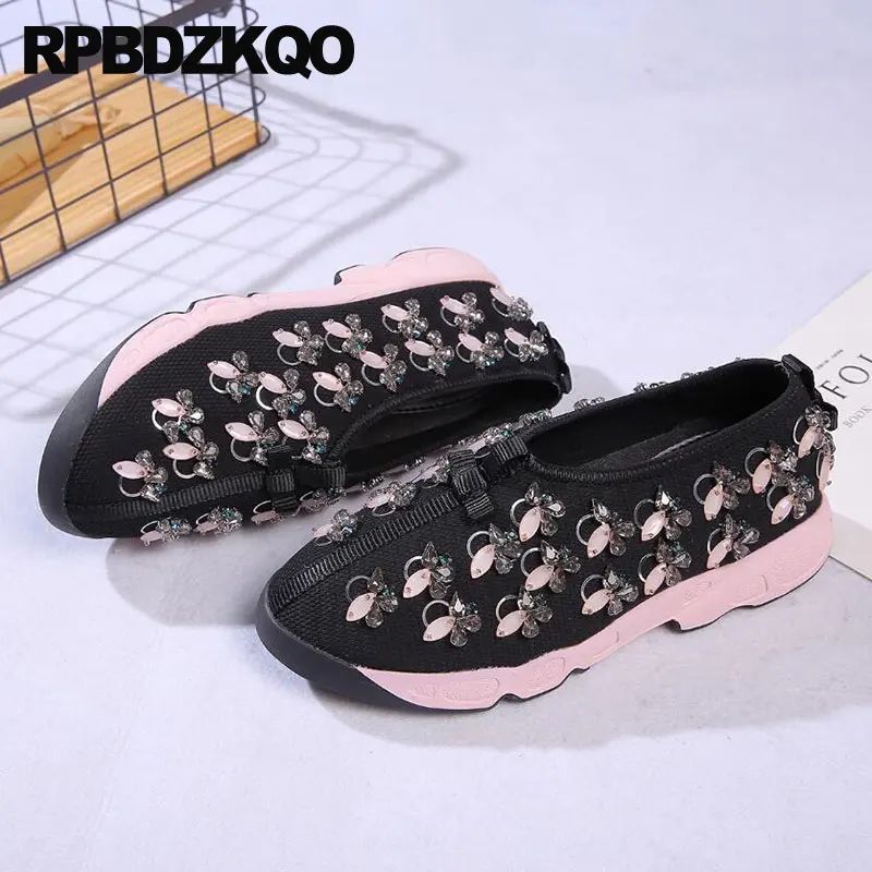 Women Diamond High Quality Bee Embroidered Sequin Floral Sneakers Ladies Beautiful Flats Shoes Pearl Embroidery Black Trainers