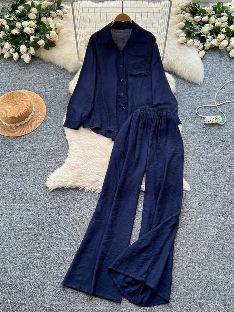 

Casual Loose Collar Solid Full sleeve Shirt+Skinny Elastic Waist Pants 2-piece Set Women's Spring/Summer Women's Suit New Sets