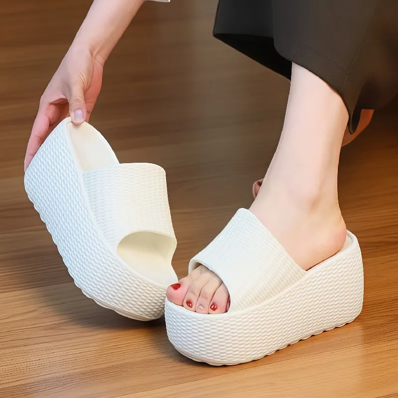 New Textured Weave Platform Slides Women's Thick Sole Wedge Slippers Comfy Open Toe Non Slip Beach Shoes Summer Outdoor Sliper