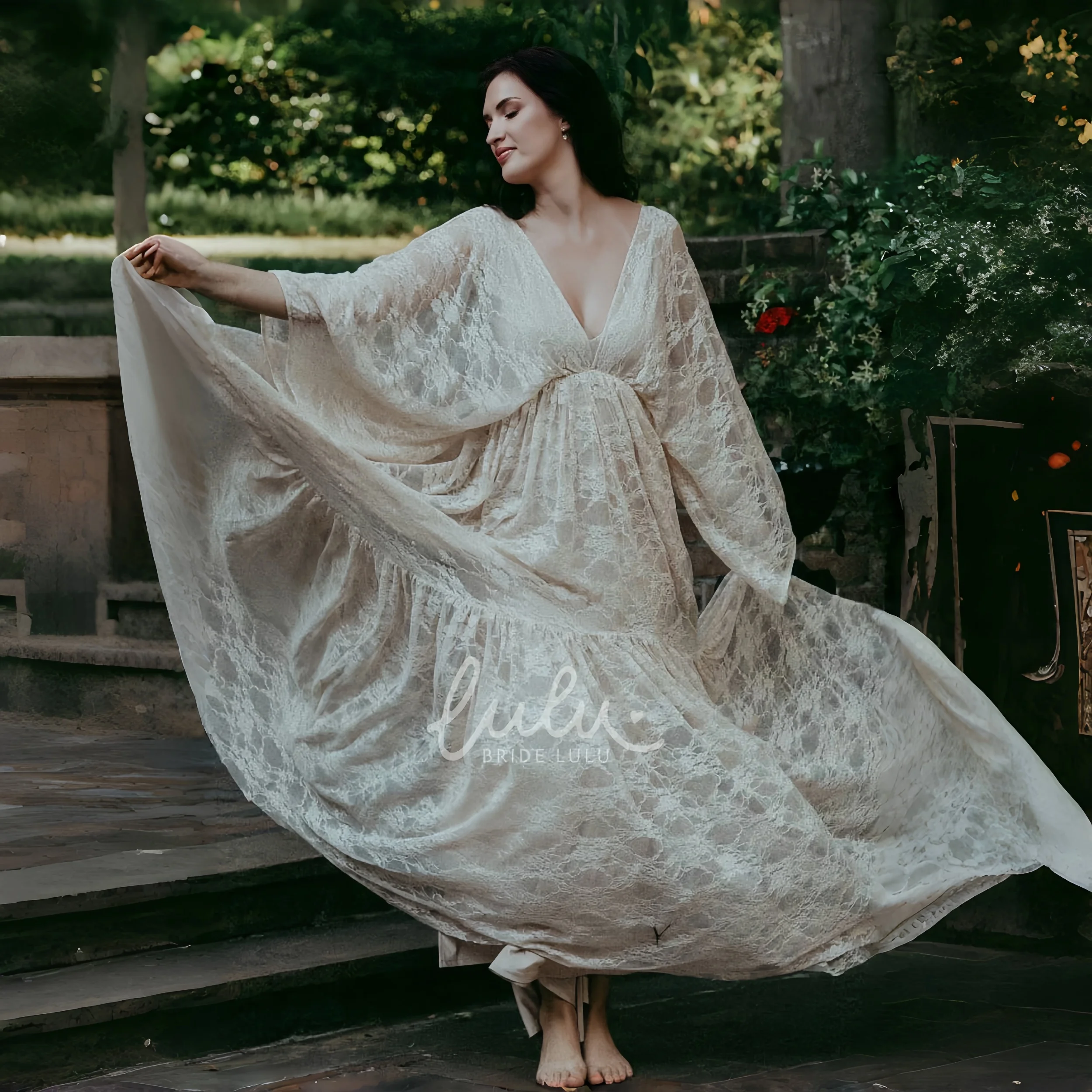 See Through Lace Boho Maternity Photography Props Long Dresses V-neck Sexy Lace Maxi Dresses Transperant