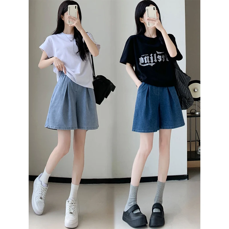 

Women Summer Simplicity Fashion Solid Color Ice Shreds High Waist Appear Thin Wide Leg Ladies Casual All-match Thin Denim Shorts