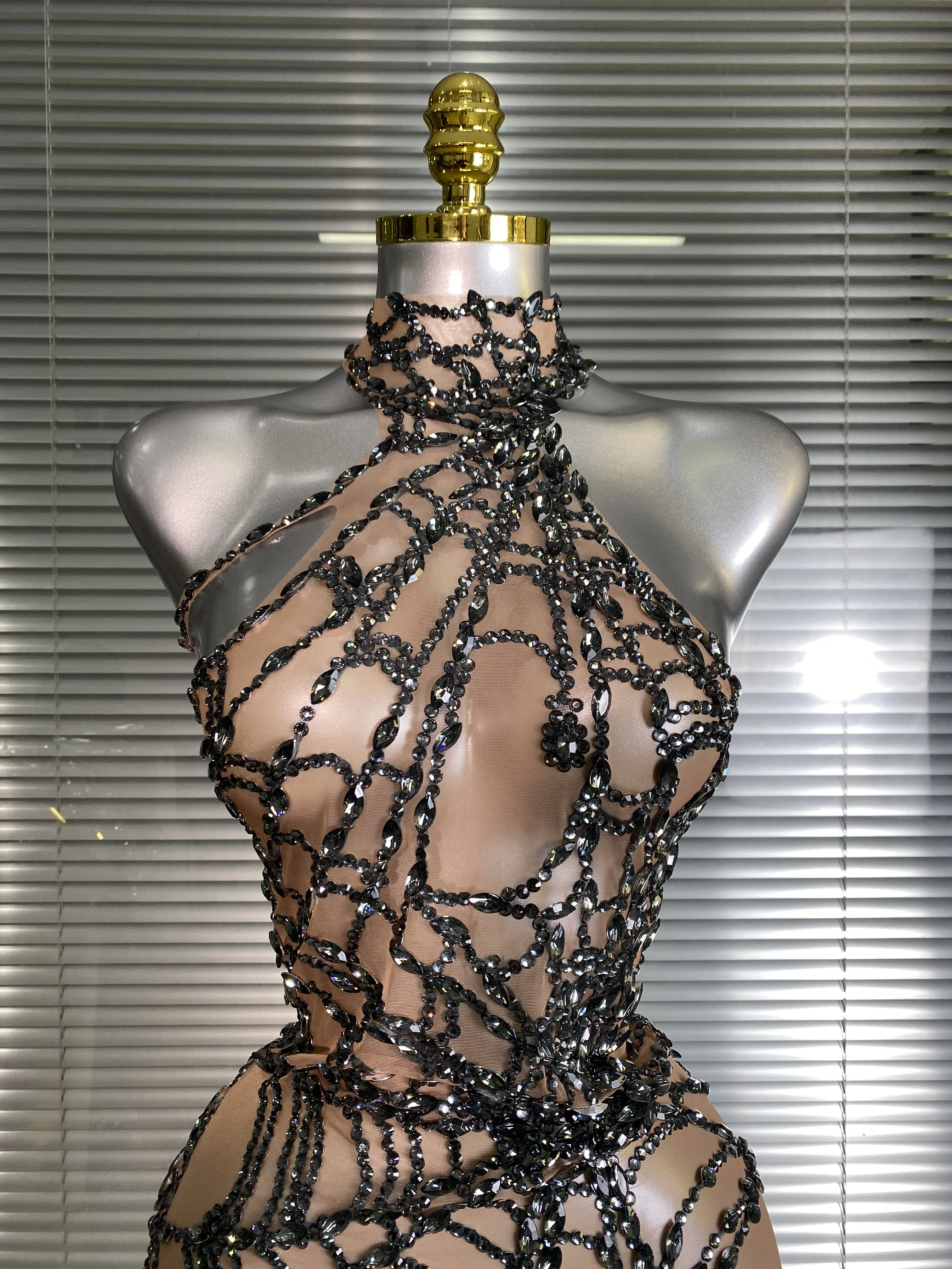 Women Sexy Crystal Jumpsuit Celebrity Designer Spider Web Stretchy Mesh Sheer Black Skin Singer Dancer Stage Night Club Rompers