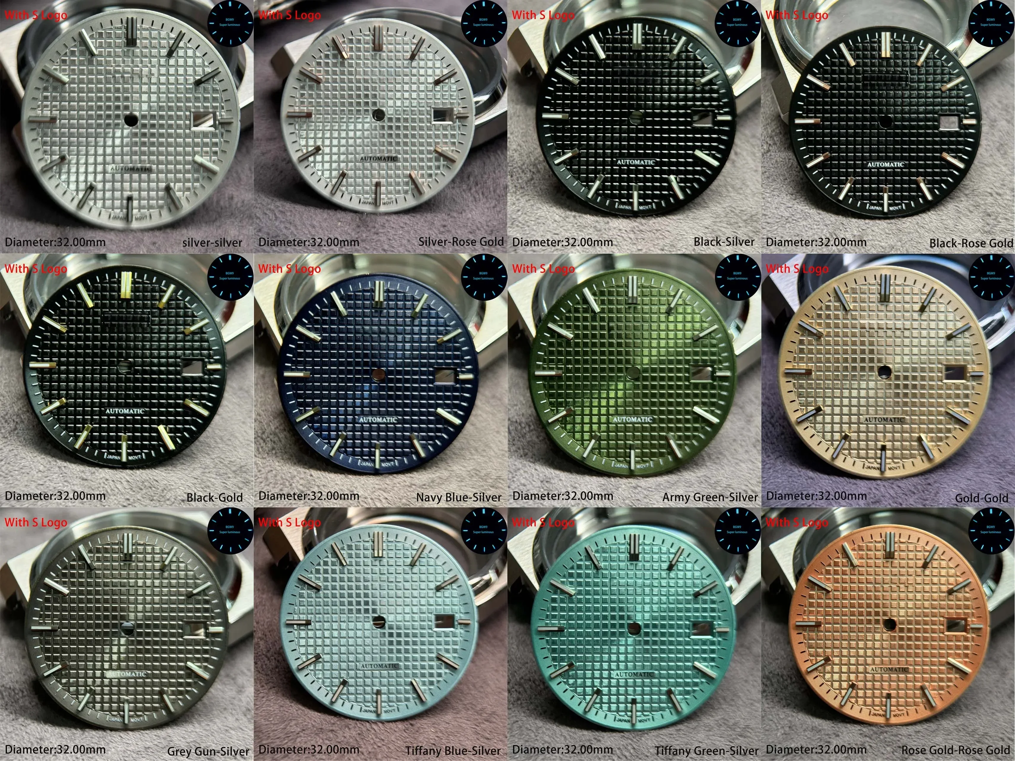 For NH35 DIY 32mm Dial Waffle and Refraction PRX BGW9 Super Luminous Top Quality with S Logo Modification Accessories