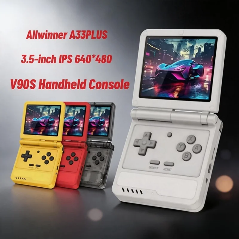 Consola de juegos portátil POWKIDDY Retro Flip V90S con pantalla IPS de 3.5 pulgadas y 640*480, función de vibración A133Plus, regalos para niños