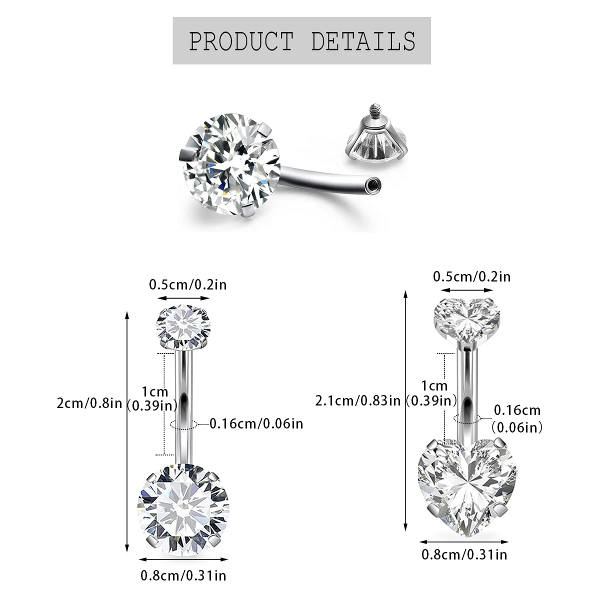 Love Belly Button Rings Double Round Heart Zircon 14G 316L Stainless Steel Navel Ring CZ Belly Rings Piercing Jewelry
