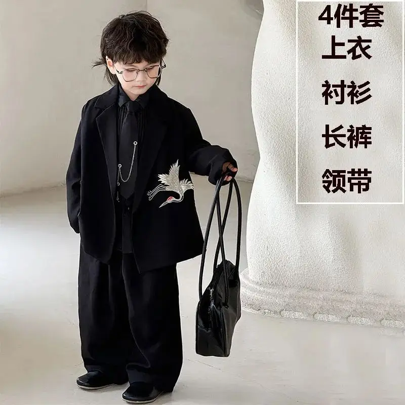 

4PCS Fall set Boys Clothing set Black Embroidery Suit Jacket+Shirt+Pants +Tie Kid Children baby toddler Handsome Suits clothes