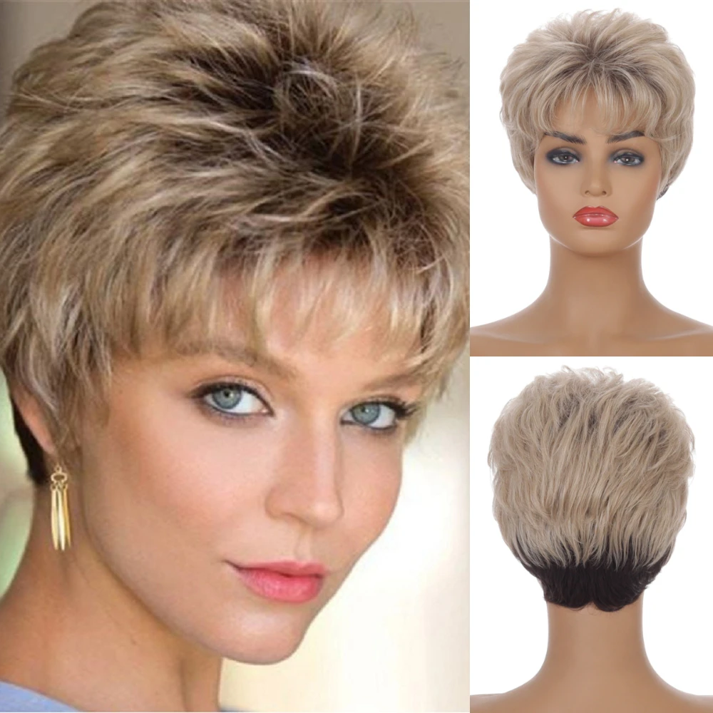 Ladies Short Omber Brown Synthetic Wig Pixie Cut Hairstyle Straight Wig With Bang For Women Daily Use Heat Resistant Fiber