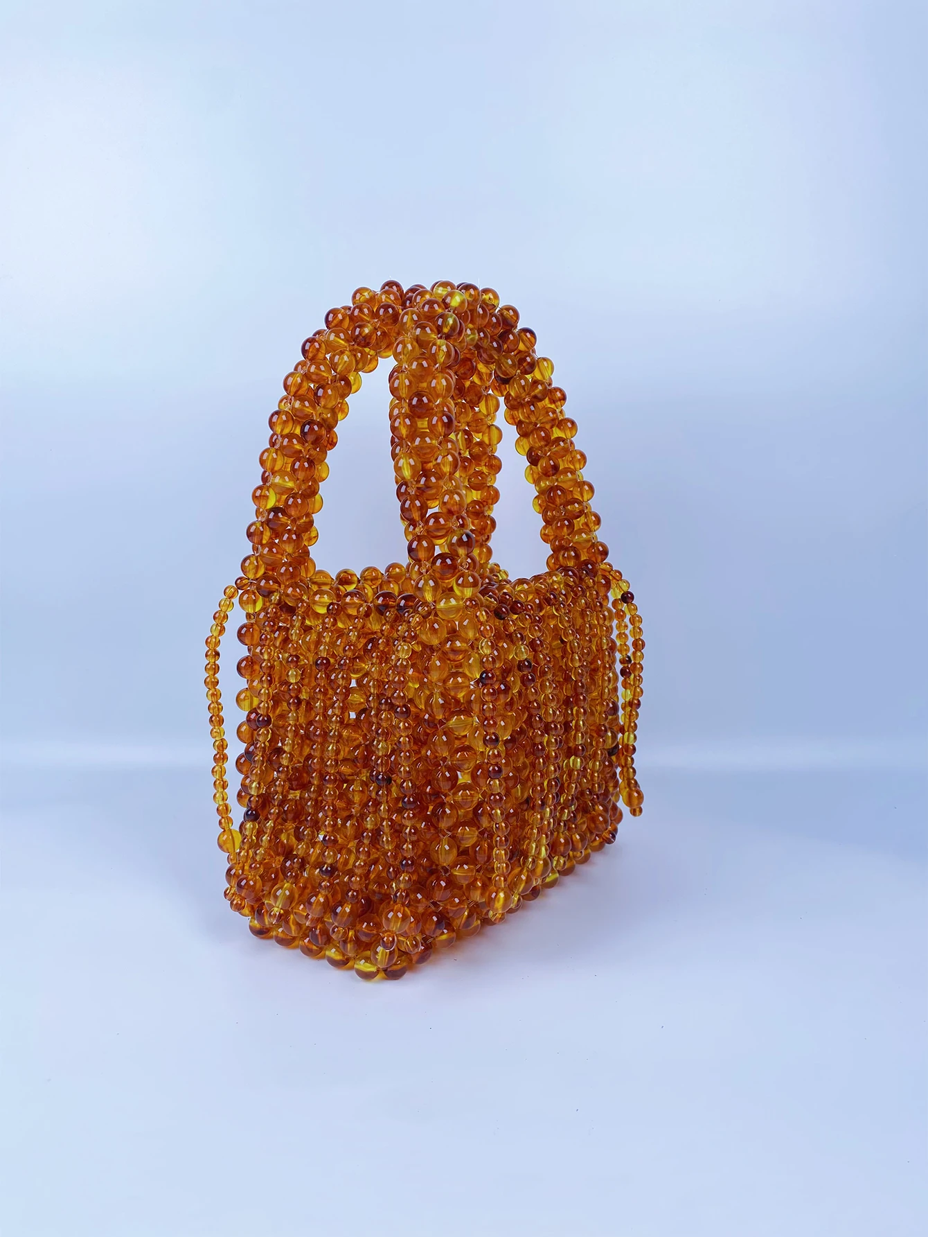 Beaded woven bag, amber acrylic cat eye beads, retro handbag, hollowed out pearl women\'s bag